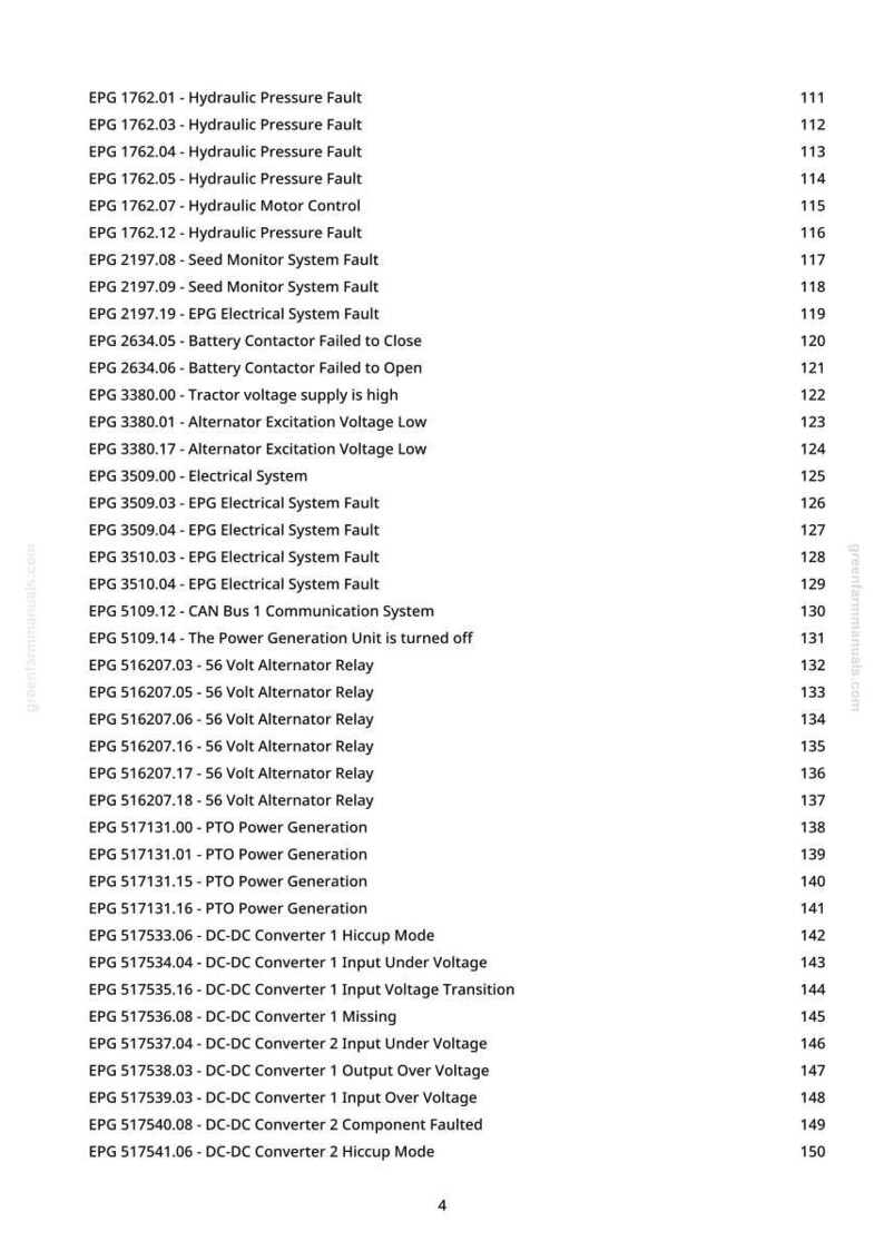 May include: A manual page detailing error codes, such as hydraulic pressure faults and alternator relays. The text is black on white, with codes for DC-DC converter problems. Measurements are not applicable.