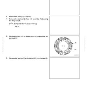 Op de afbeelding: Diagram uit een handleiding met instructies voor het verwijderen en installeren van de remassemblage. Bevat een gedetailleerde illustratie van een remcomponent met labels en afmetingen. Tekst bevat demontagestappen.
