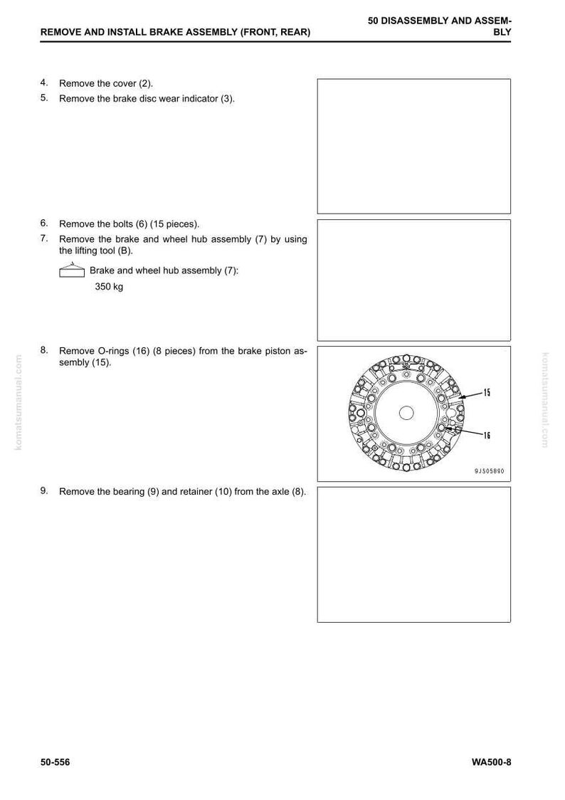 Op de afbeelding: Diagram uit een handleiding met instructies voor het verwijderen en installeren van de remassemblage. Bevat een gedetailleerde illustratie van een remcomponent met labels en afmetingen. Tekst bevat demontagestappen.