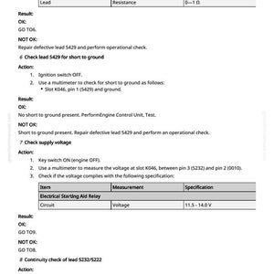 May include: A page from a manual with text detailing electrical checks for an Electrical Starting Aid Relay. Includes specifications for resistance and voltage, with measurements in volts and ohms. The text is in black font on a white background.