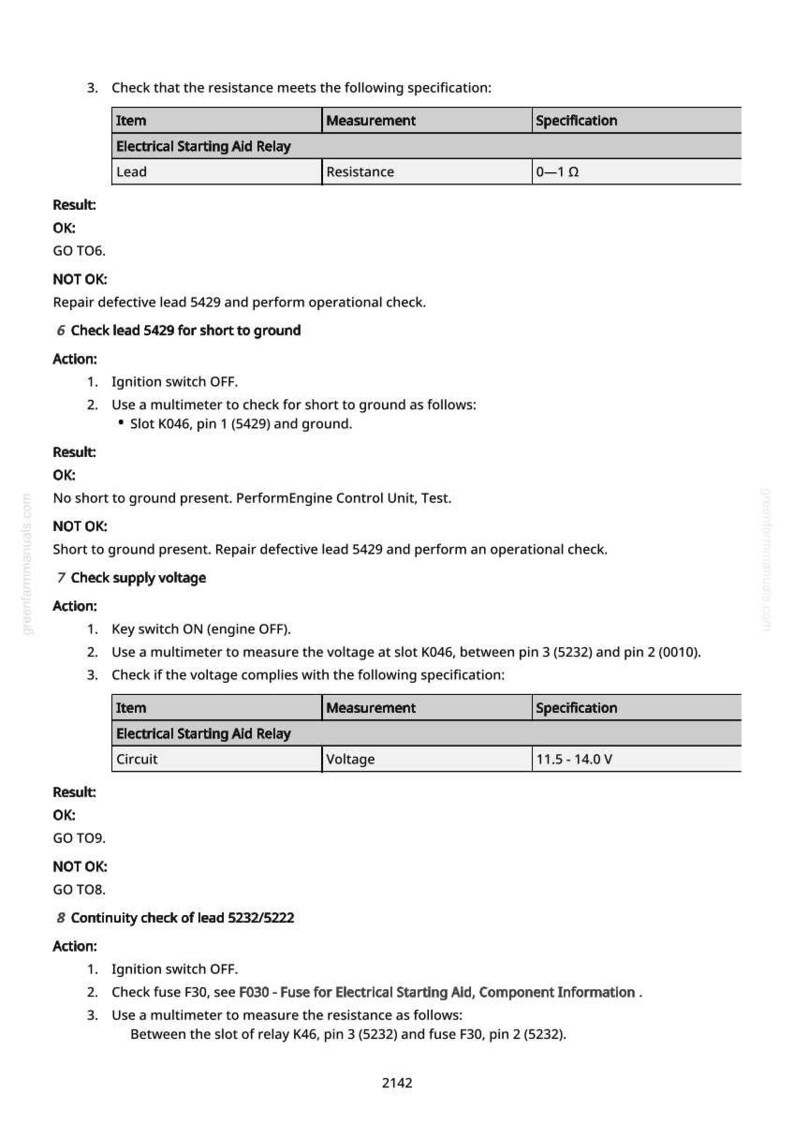 May include: A page from a manual with text detailing electrical checks for an Electrical Starting Aid Relay. Includes specifications for resistance and voltage, with measurements in volts and ohms. The text is in black font on a white background.