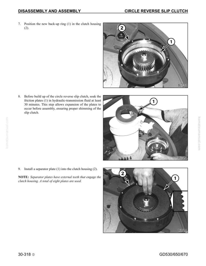 May include: Diagram of a circle reverse slip clutch assembly process. The image shows step-by-step instructions with numbered components and arrows. Text includes "DISASSEMBLY AND ASSEMBLY" and "CIRCLE REVERSE SLIP CLUTCH".