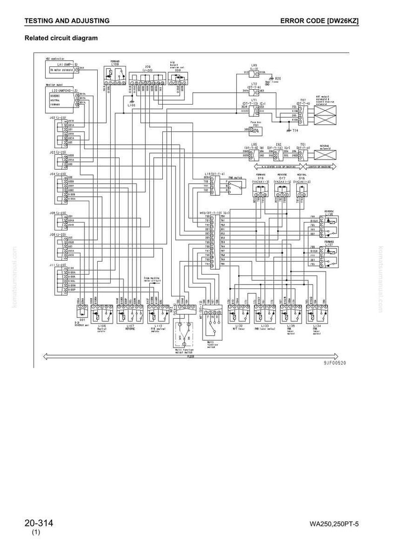 May include: Diagram of a related circuit, with the text "TESTING AND ADJUSTING" and "ERROR CODE [DW26KZ]" at the top. The diagram includes various components, lines, and labels, with the numbers 20-314 and WA250,250PT-5 at the bottom.