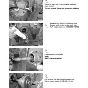 May include: Technical manual page detailing the removal and installation of a torque tube. The black and white images show steps for front axle suspension repair, including tightening screws and greasing parts. Text includes torque specifications.