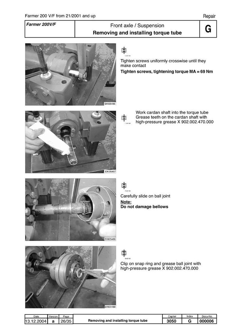 May include: Technical manual page detailing the removal and installation of a torque tube. The black and white images show steps for front axle suspension repair, including tightening screws and greasing parts. Text includes torque specifications.