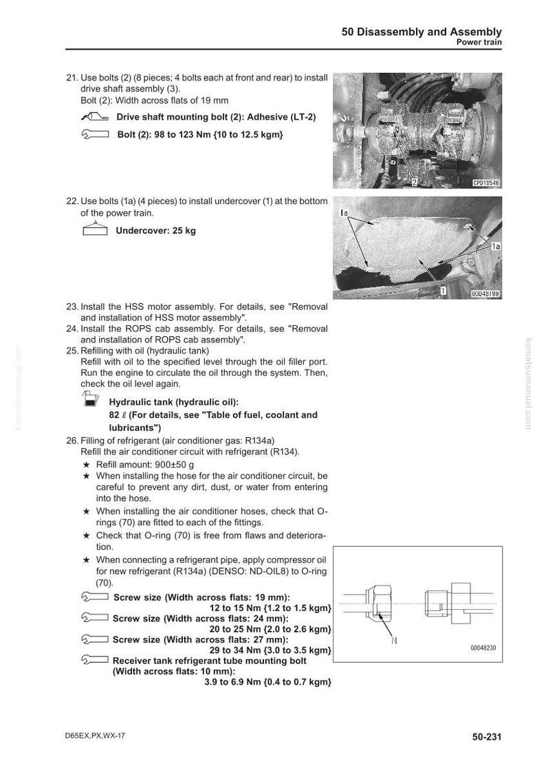 Puede incluir: P&aacute;gina de un manual que detalla los procedimientos de desmontaje y montaje de un tren de potencia. Incluye diagramas, tama&ntilde;os de pernos e instrucciones para tareas como la instalaci&oacute;n del conjunto motor HSS y la recarga del circuito del aire acondicionado.