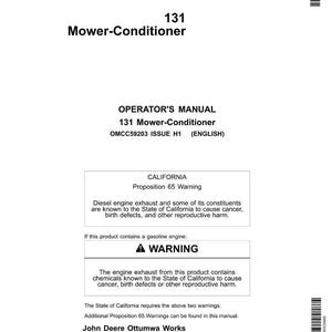May include: A white page from an operator's manual for a Mower-Conditioner, model 131. The manual includes warnings about diesel engine exhaust and gasoline engine exhaust, as required by California's Proposition 65.