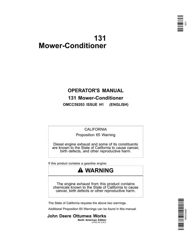 May include: A white page from an operator's manual for a Mower-Conditioner, model 131. The manual includes warnings about diesel engine exhaust and gasoline engine exhaust, as required by California's Proposition 65.