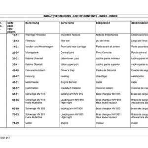 K&ouml;nnte beinhalten: Wei&szlig;es Dokument mit einer Tabelle mit dem Titel "LIST OF CONTENTS - INDEX - INDICE" auf Deutsch, Englisch und Spanisch. Die Tabelle listet Teilenamen, Bezeichnungen und Artikelnummern auf. Seite 3 von 211 ist sichtbar.