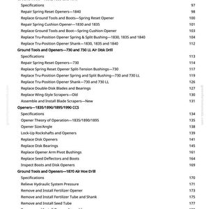 K&ouml;nnte beinhalten: Eine gedruckte Seite aus einem Handbuch mit einem detaillierten Inhaltsverzeichnis f&uuml;r landwirtschaftliche Ger&auml;te. Der Text umfasst Abschnitte &uuml;ber Bodenger&auml;te, &Ouml;ffner und Scheibenlager, mit Seitenzahlen.