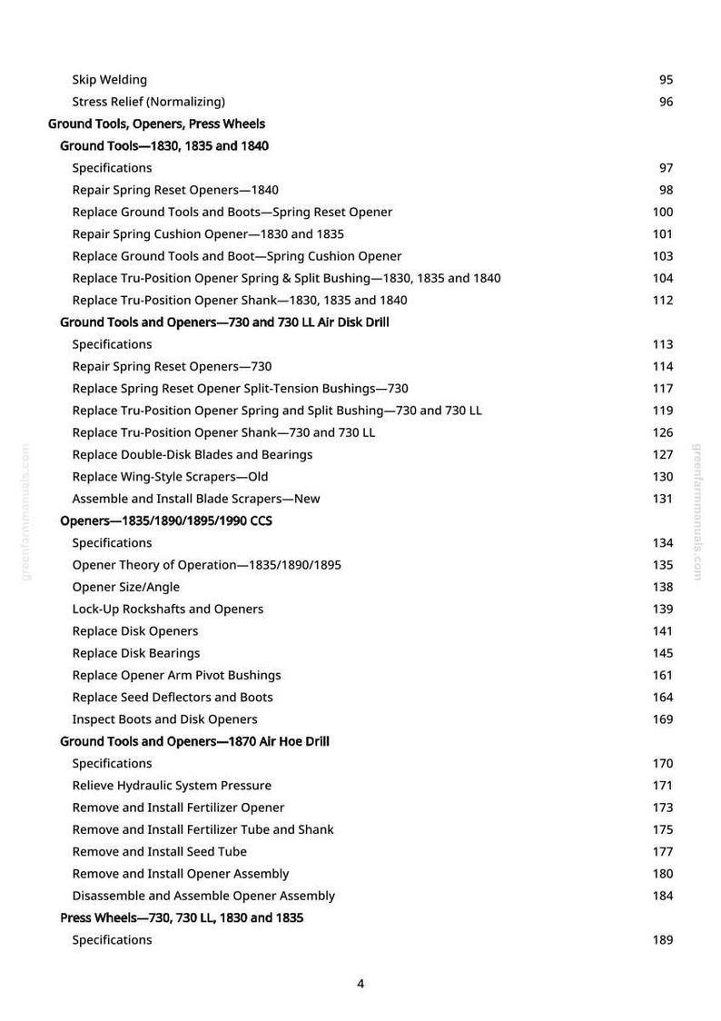 K&ouml;nnte beinhalten: Eine gedruckte Seite aus einem Handbuch mit einem detaillierten Inhaltsverzeichnis f&uuml;r landwirtschaftliche Ger&auml;te. Der Text umfasst Abschnitte &uuml;ber Bodenger&auml;te, &Ouml;ffner und Scheibenlager, mit Seitenzahlen.