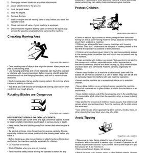 May include: Safety instructions page for a lawn mower, featuring warnings about parking, mowing area checks, rotating blades, and avoiding tipping. Includes diagrams and text emphasizing safety for children and operators.