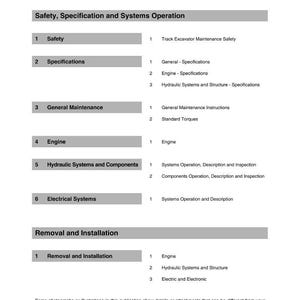 May include: A white page with the title "Table of Contents" in black text. The document lists sections such as Safety, Specifications, General Maintenance, Engine, Hydraulic Systems, Electrical Systems, Removal and Installation.