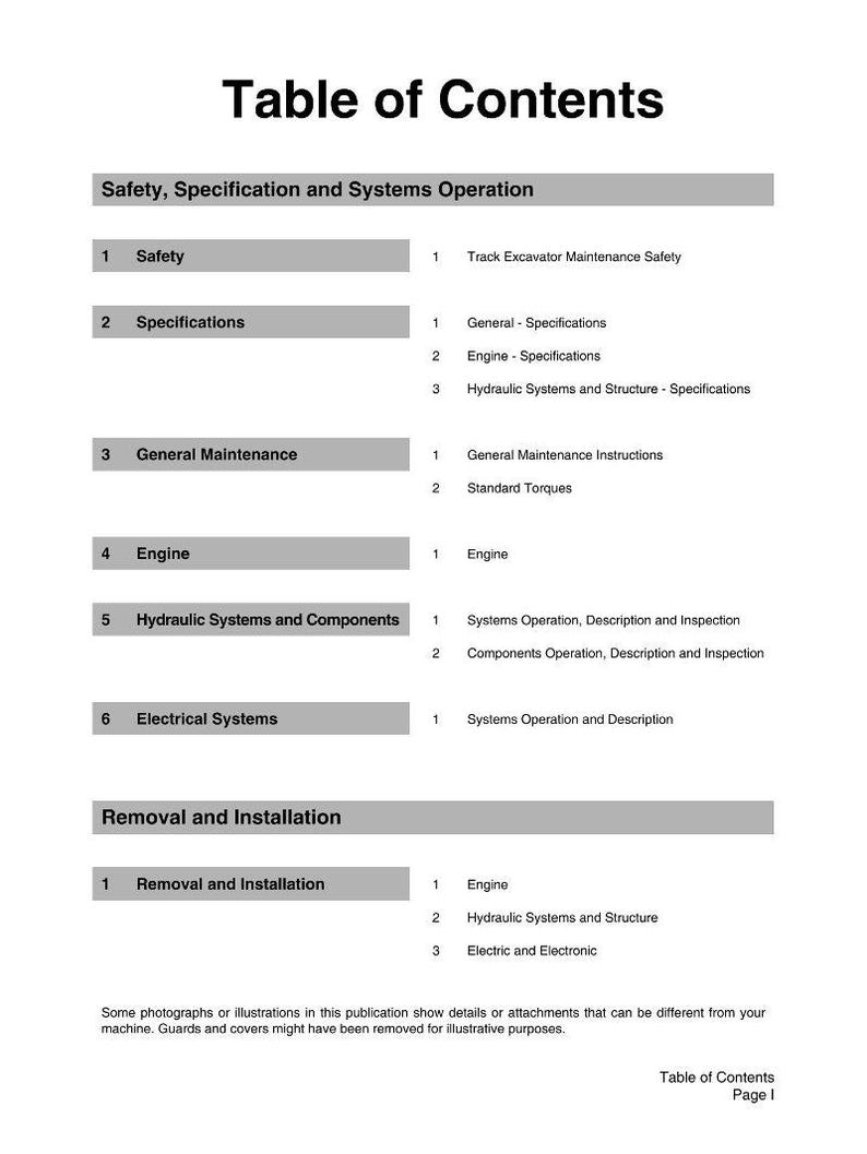 May include: A white page with the title "Table of Contents" in black text. The document lists sections such as Safety, Specifications, General Maintenance, Engine, Hydraulic Systems, Electrical Systems, Removal and Installation.