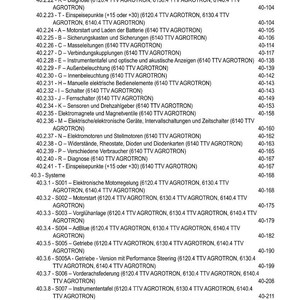 Pode incluir: Uma tabela de conte&uacute;do detalhada de um manual, listando v&aacute;rios componentes e sistemas para um modelo TTV AGROTRON. O texto inclui se&ccedil;&otilde;es sobre sistemas el&eacute;tricos, componentes do motor e outros aspectos t&eacute;cnicos, com os n&uacute;meros de p&aacute;gina correspondentes.