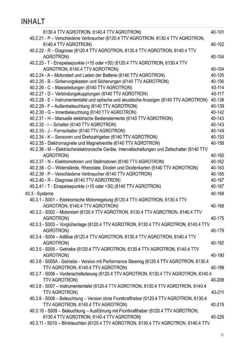 Pode incluir: Uma tabela de conte&uacute;do detalhada de um manual, listando v&aacute;rios componentes e sistemas para um modelo TTV AGROTRON. O texto inclui se&ccedil;&otilde;es sobre sistemas el&eacute;tricos, componentes do motor e outros aspectos t&eacute;cnicos, com os n&uacute;meros de p&aacute;gina correspondentes.