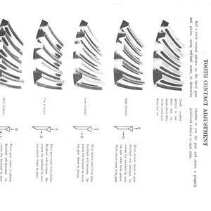 May include: Technical diagram showing tooth contact adjustment for bevel gears and shafts. The image displays different gear contact patterns, with text explaining the process of determining correct positioning.