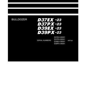 Pu&ograve; includere: Immagine in bianco e nero di un manuale di officina per un bulldozer Komatsu. Il titolo del manuale &egrave; "Shop Manual" e include i numeri di modello D37EX-23, D37PX-23, D39EX-23 e D39PX-23. Sono elencati anche i numeri di serie.