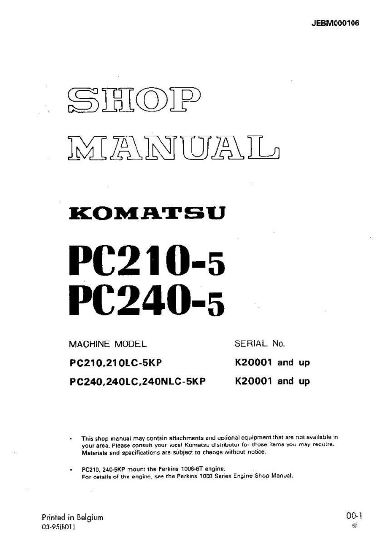 May include: A white shop manual featuring the text "SHOP MANUAL" and "KOMATSU PC210-5 PC240-5". The manual includes machine model and serial number details. Printed in Belgium.
