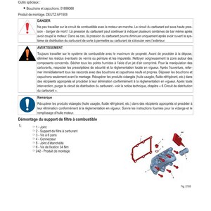 Puede incluir: Diagrama de un sistema de soporte de filtro de combustible con varios componentes etiquetados. Incluye una junta, soporte de filtro, tornillos y conectores. Texto en franc&eacute;s con instrucciones y advertencias.