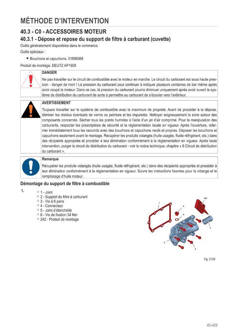 Puede incluir: Diagrama de un sistema de soporte de filtro de combustible con varios componentes etiquetados. Incluye una junta, soporte de filtro, tornillos y conectores. Texto en franc&eacute;s con instrucciones y advertencias.