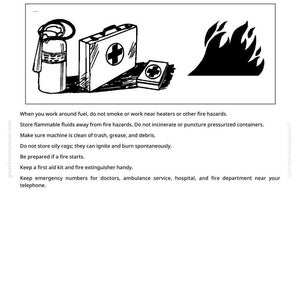 May include: Image with the text "Handle Fluids Safely - Avoid Fires" and "Be Prepared For Emergencies". It shows a fire extinguisher, a first aid kit, and flames. The image provides safety instructions for handling flammable fluids.