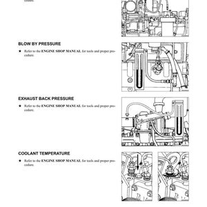 May include: A page from an engine shop manual with diagrams and text. The manual sections include Fuel Filter Inlet Restriction, Blow By Pressure, Exhaust Back Pressure, and Coolant Temperature. The text directs the reader to the ENGINE SHOP MANUAL.