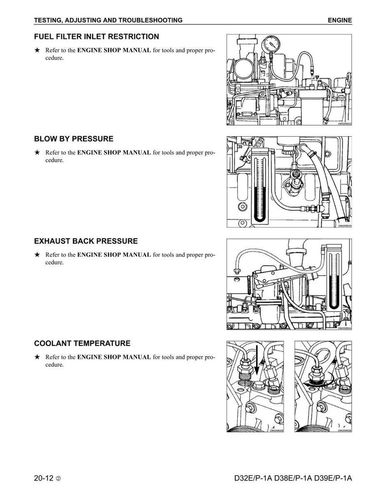 May include: A page from an engine shop manual with diagrams and text. The manual sections include Fuel Filter Inlet Restriction, Blow By Pressure, Exhaust Back Pressure, and Coolant Temperature. The text directs the reader to the ENGINE SHOP MANUAL.