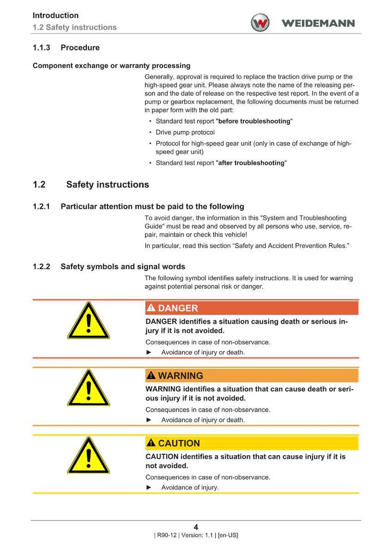 May include: A page from a manual with safety instructions, including "DANGER," "WARNING," and "CAUTION" symbols. The document provides guidelines for avoiding injury or death, with text in English. The Weidemann logo is at the top.