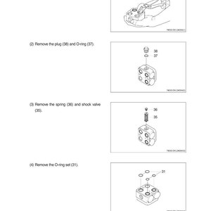 Pode incluir: Diagrama que ilustra a desmontagem de um componente mec&acirc;nico. A imagem mostra v&aacute;rias etapas, incluindo a remo&ccedil;&atilde;o de um pino enrolado, um buj&atilde;o, um anel O, uma mola, uma v&aacute;lvula de choque e um conjunto de an&eacute;is O. O texto rotula as pe&ccedil;as com n&uacute;meros.