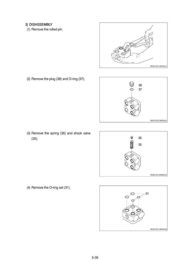 Pode incluir: Diagrama que ilustra a desmontagem de um componente mec&acirc;nico. A imagem mostra v&aacute;rias etapas, incluindo a remo&ccedil;&atilde;o de um pino enrolado, um buj&atilde;o, um anel O, uma mola, uma v&aacute;lvula de choque e um conjunto de an&eacute;is O. O texto rotula as pe&ccedil;as com n&uacute;meros.