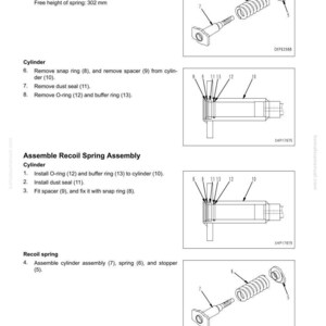 May include: Diagram illustrating the disassembly and assembly of a recoil spring assembly. The image shows various components, including a cylinder, spring, stopper, and rings, with labels for each part. The free height of the spring is 302 mm.