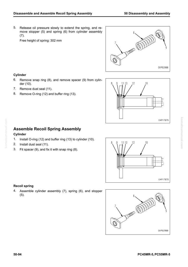 May include: Diagram illustrating the disassembly and assembly of a recoil spring assembly. The image shows various components, including a cylinder, spring, stopper, and rings, with labels for each part. The free height of the spring is 302 mm.