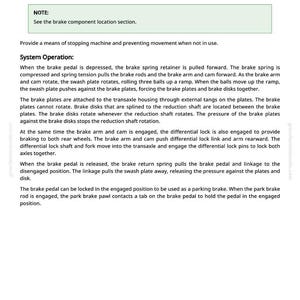 May include: A page from a manual detailing the operation of a brake system. The text explains the function and system operation, including components like the brake pedal, spring, and disks. The page includes a note and is labeled with the number 1124.