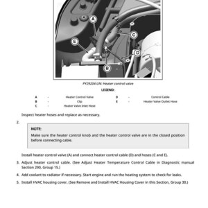 May include: Diagram showing how to install a heater control valve. The image features close-up views of the valve, hoses, and control cable, labelled A, B, C, D, and E. Text instructions and a note about closing the heater control knob are also included.