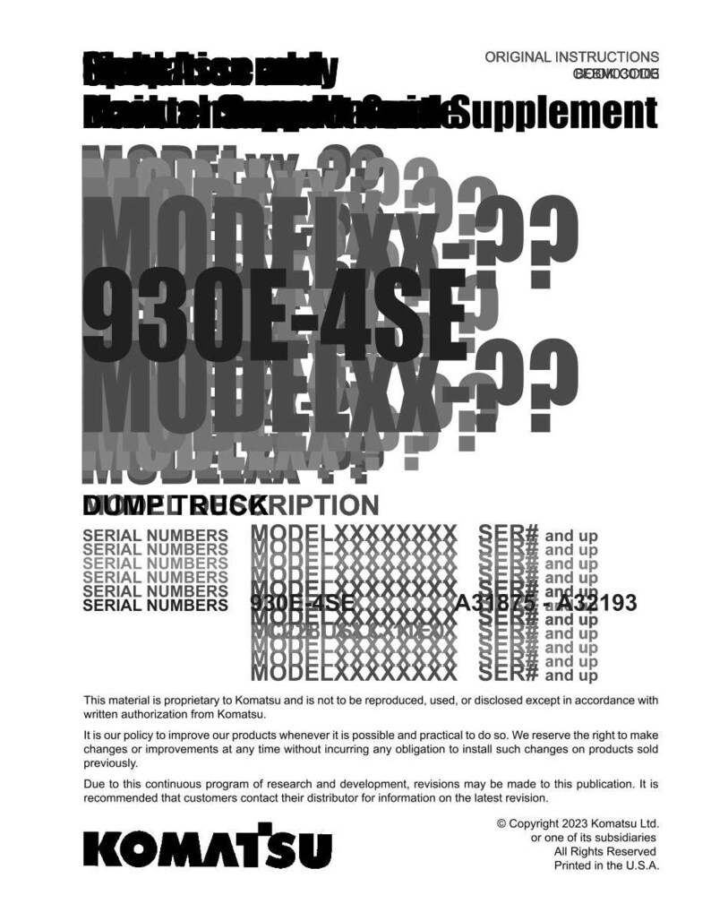 K&ouml;nnte beinhalten: Ein wei&szlig;es Dokument mit schwarzem Text, einschlie&szlig;lich "Originalanweisungen" und "Erg&auml;nzung". Das Dokument listet Modell- und Seriennummern auf, mit dem Komatsu-Logo unten. Der Text enth&auml;lt "930E-4SE".