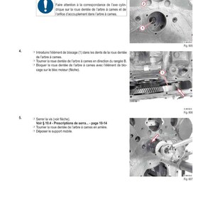 May include: Diagram of engine components with numbered parts and arrows, including a toothed wheel, bolts, and a locking element. Text in French provides instructions for assembly and maintenance.