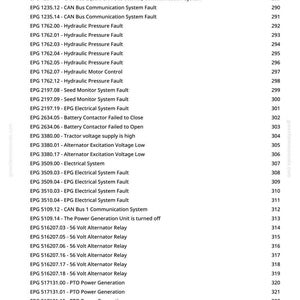 May include: A white page with a list of EPG codes and descriptions, including hydraulic pressure faults, electrical system faults, and alternator relay issues. The page also includes a website address and a page number.