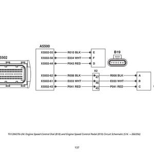May include: Diagram of an engine speed control circuit schematic, including the Engine Speed Control Dial (B18) and Engine Speed Control Pedal (B19). The diagram includes various connectors, wires, and labels for components.