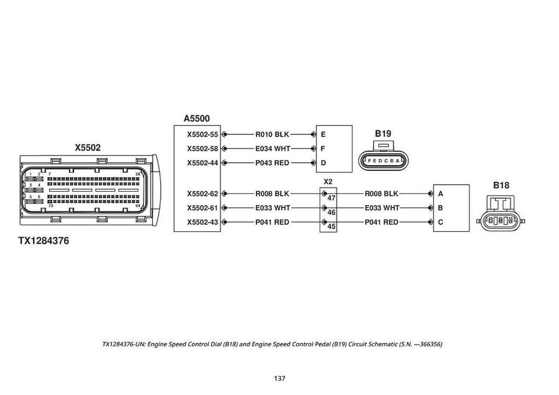 May include: Diagram of an engine speed control circuit schematic, including the Engine Speed Control Dial (B18) and Engine Speed Control Pedal (B19). The diagram includes various connectors, wires, and labels for components.
