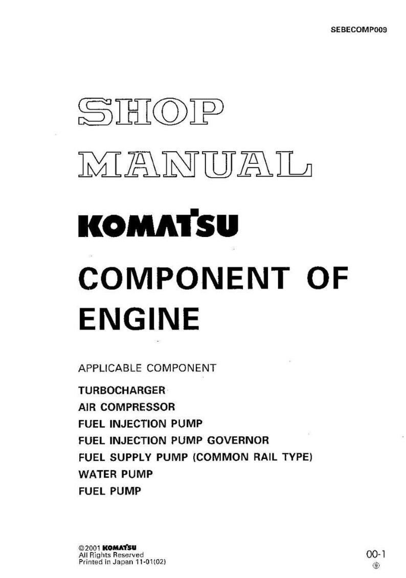 K&ouml;nnte beinhalten: Eine wei&szlig;e Komatsu-Werkstatthandbuchseite mit der &Uuml;berschrift "SHOP MANUAL" und dem Text "COMPONENT OF ENGINE". Das Handbuch listet Komponenten wie Turbolader, Luftkompressor und Einspritzpumpe auf. Das Dokument ist in Japan gedruckt.
