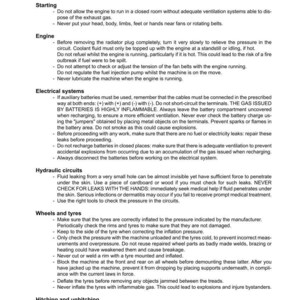 May include: A page from a manual, titled "Section 1001," with safety instructions for a tractor. The text covers engine operation, electrical systems, hydraulic circuits, and tire maintenance. Includes warnings about flammable gases and potential hazards.