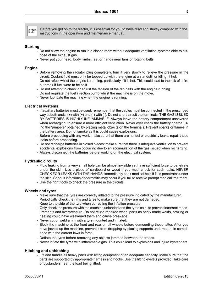 May include: A page from a manual, titled "Section 1001," with safety instructions for a tractor. The text covers engine operation, electrical systems, hydraulic circuits, and tire maintenance. Includes warnings about flammable gases and potential hazards.