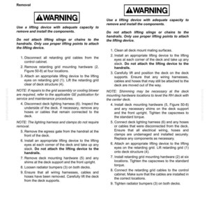 May include: A technical document with instructions for removing and installing the RH deck. The document includes warnings, numbered steps, and diagrams. It details procedures for disconnecting cables, removing hardware, and lifting the deck.