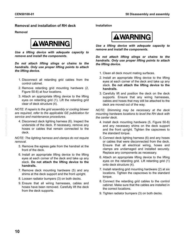 May include: A technical document with instructions for removing and installing the RH deck. The document includes warnings, numbered steps, and diagrams. It details procedures for disconnecting cables, removing hardware, and lifting the deck.