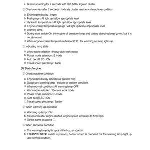 May include: A page from a manual detailing a check procedure for a machine. The text includes instructions for the start key, check monitor, indicating lamp state, and start of engine. The page also includes a section on warming up operation and abnormal conditions.