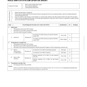 Puede incluir: Una gu&iacute;a de soluci&oacute;n de problemas para el c&oacute;digo de acci&oacute;n TM-2, que aborda problemas con el sistema de interruptor de retenci&oacute;n. El documento incluye procedimientos de diagn&oacute;stico, especificaciones y lecturas para probar el interruptor y el mazo de cables. Impreso en papel blanco.