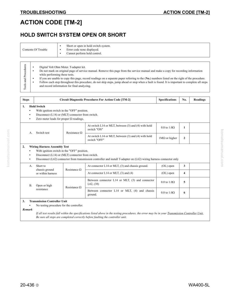 Puede incluir: Una gu&iacute;a de soluci&oacute;n de problemas para el c&oacute;digo de acci&oacute;n TM-2, que aborda problemas con el sistema de interruptor de retenci&oacute;n. El documento incluye procedimientos de diagn&oacute;stico, especificaciones y lecturas para probar el interruptor y el mazo de cables. Impreso en papel blanco.