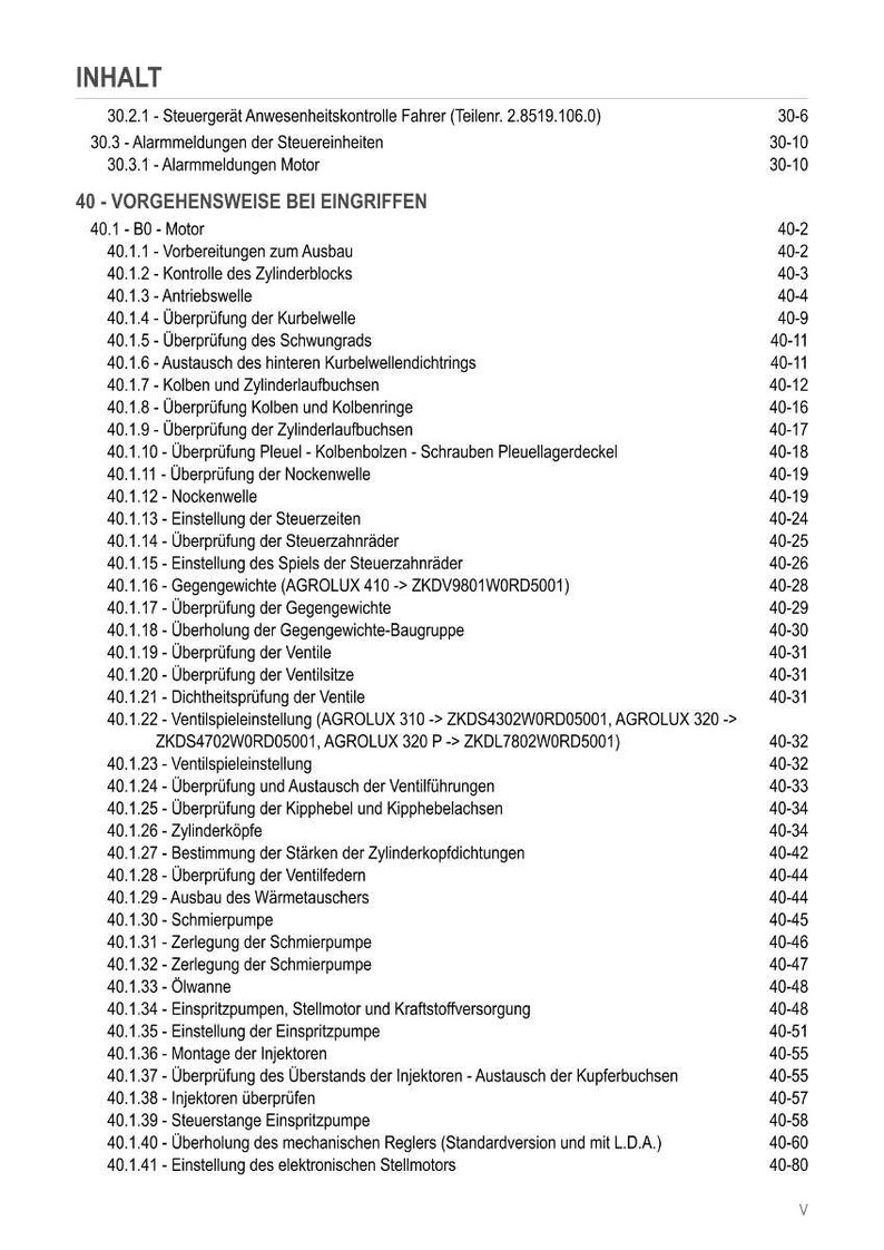 Puede incluir: Un detallado &iacute;ndice de un manual t&eacute;cnico, con una lista de procedimientos y componentes para el mantenimiento y la reparaci&oacute;n de motores. El texto est&aacute; en alem&aacute;n, con t&iacute;tulos de secciones y n&uacute;meros de p&aacute;gina.