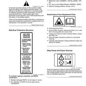 May include: A safety manual page with diagrams and text about machine safety labels, roll-over protective structures, and fire prevention. Includes warnings, instructions, and specifications for John Deere mowers.